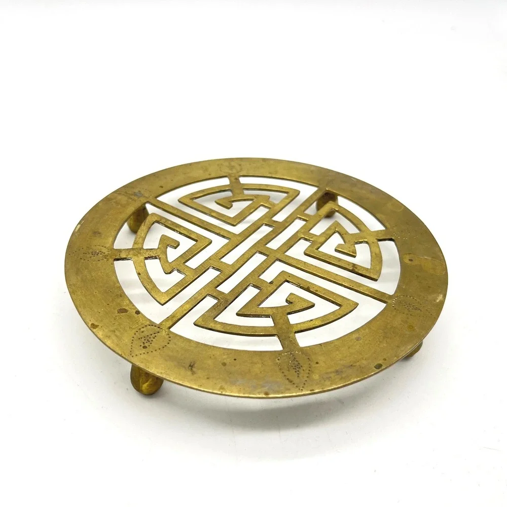 Vintage ISCO India Brass Trivet Round Geometric Fretwork Footed Hot Pad 5.5